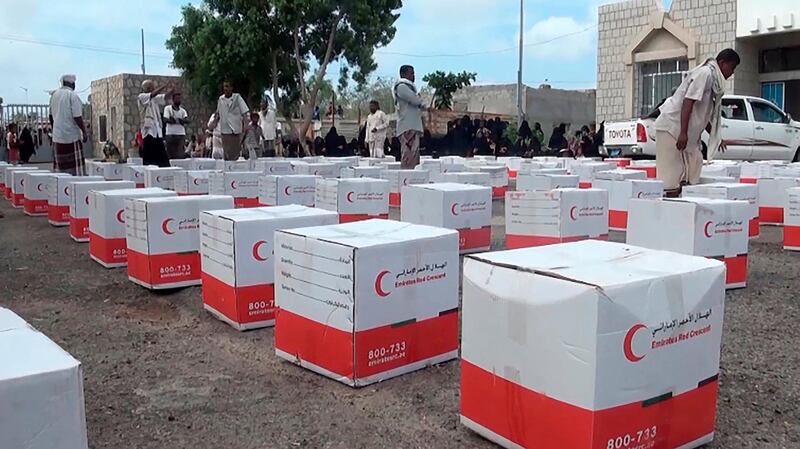 Aid packages are lined up for distribution in Abyan as the UAE Red Crescent continues its assistance to civilians in Yemen affected by the country’s war. Wam / May 7, 2016