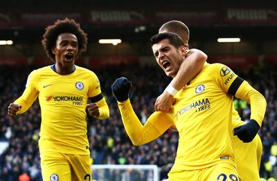 BURNLEY, ENGLAND - OCTOBER 28:  Alvaro Morata celebrates with Ross Barkley and Willian of Chelsea after scoring his team's first goal during the Premier League match between Burnley FC and Chelsea FC at Turf Moor on October 28, 2018 in Burnley, United Kingdom.  (Photo by Jan Kruger/Getty Images)