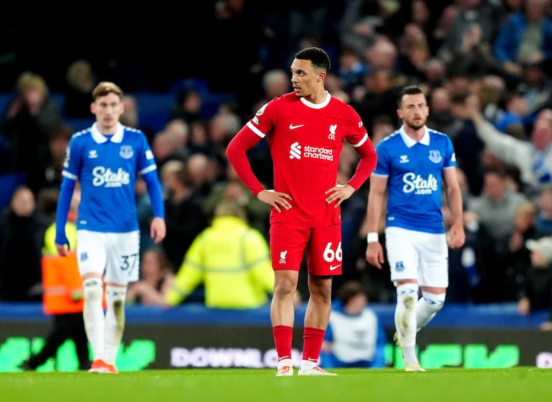 Trent Alexander-Arnold appears dejected during the Premier League match at Goodison Park. PA