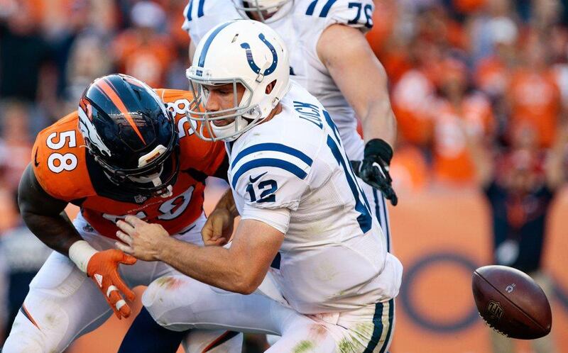 Denver Broncos 34 Indianapolis Colts 20: Broncos outside linebacker Von Miller sacks and forces a fumble against Colts quarterback Andrew Luck. Isaiah J Downing / USA Today Sports