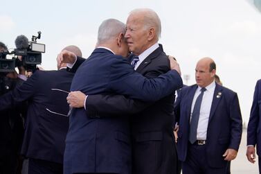 President Joe Biden is greeted by Israeli Prime Minister Benjamin Netanyahu after arriving at Ben Gurion International Airport, Wednesday, Oct.  18, 2023, in Tel Aviv.  (AP Photo / Evan Vucci)