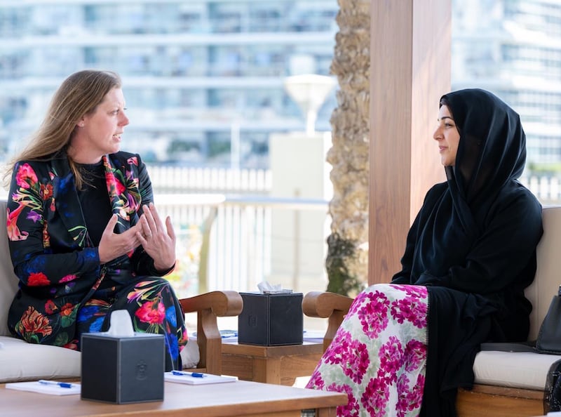 Reem Al Hashimy, right, Minister of State for International Co-operation, and World Central Kitchen chief executive Erin Gore in Abu Dhabi. Photo: Ministry of Foreign Affairs