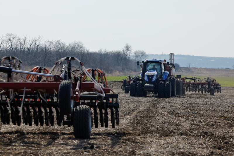 Farmers sow barley in Starobesheve, in Russian-controlled eastern Ukraine. EU officials believe Russia's exports include pilfered Ukrainian grain. Reuters