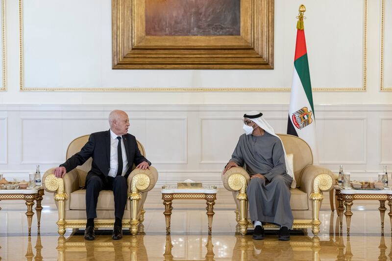 Kais Saied, President of Tunisia, speaks with Sheikh Mohamed. Rashed Al Mansoori / Ministry of Presidential Affairs 