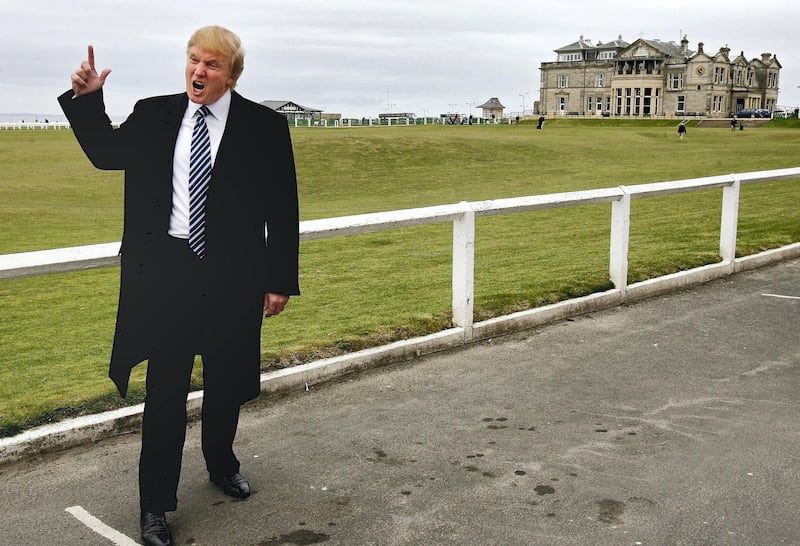 ST. ANDREWS, UNITED KINGDOM - APRIL 28:  Donald Trump arrives at the Old Course in St Andrews where he was meeting with the media to answer questions regarding Trump International Golf Links April 28, 2006 in St Andrews, Scotland. The US billionaire is in Scotland to spend the weekend at the Menie Estate north of Aberdeen where he has plans to build a new golf course.  (Photo by Jeff J Mitchell/Getty Images)
