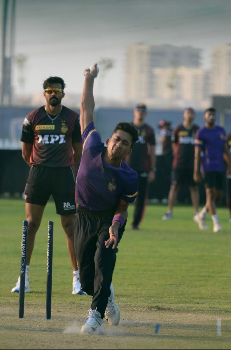 Sailles Jaishankar bowls during a net session with Kolkata Knight Riders in Abu Dhabi.