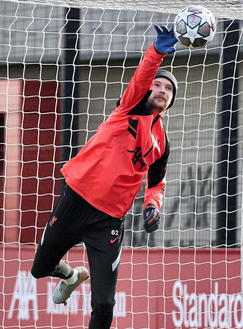 KIRKBY, ENGLAND - FEBRUARY 15: (THE SUN OUT, THE SUN ON SUNDAY OUT) Caoimhin Kelleher of Liverpool during a training session at AXA Training Centre on February 15, 2021 in Kirkby, England. (Photo by Nick Taylor/Liverpool FC/Liverpool FC via Getty Images)