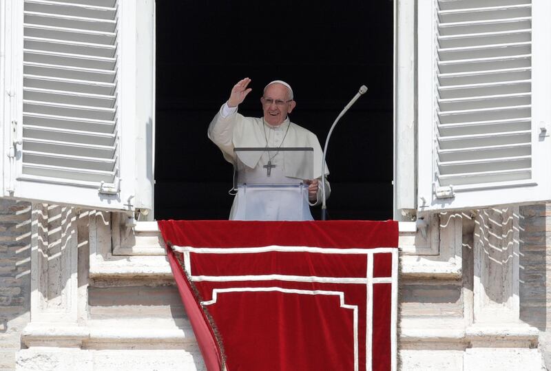 Pope Francis recites the Angelus noon prayer from the window of his studio overlooking St.Peter's Square, at the Vatican, Sunday, Sept. 2, 2018. (AP Photo/Alessandra Tarantino)