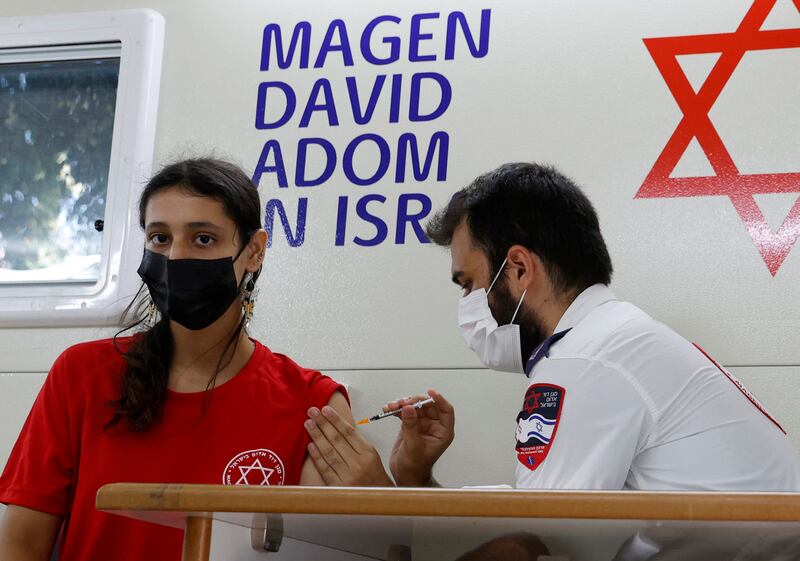An Israeli girl receives a dose of the Pfizer/BioNTech Covid-19 vaccine.  The Israeli health ministry reimposed a requirement last month for masks to be worn in enclosed public places following a surge in Covid cases.