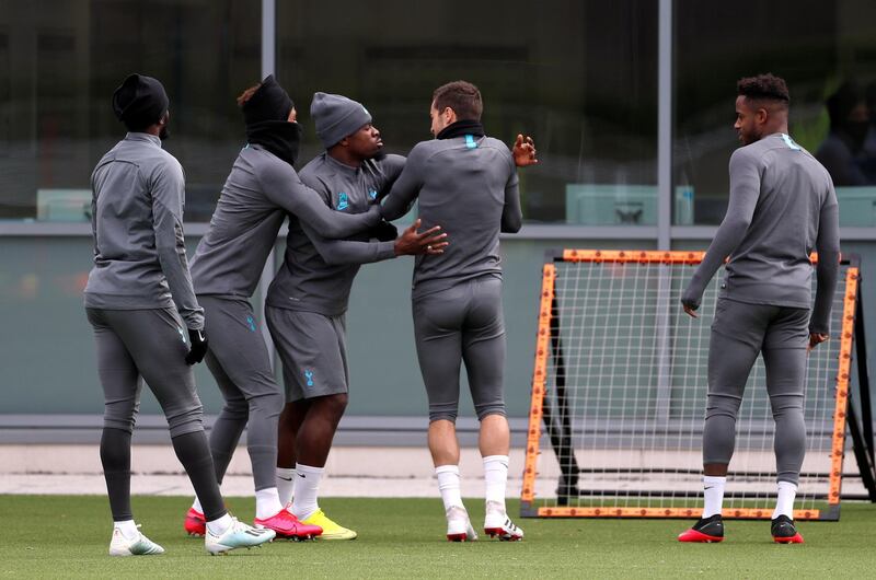 Tottenham Hotspur's Serge Aurier, Gedson Fernandes, Harry Winks and Ryan Sessegnon during training. Reuters