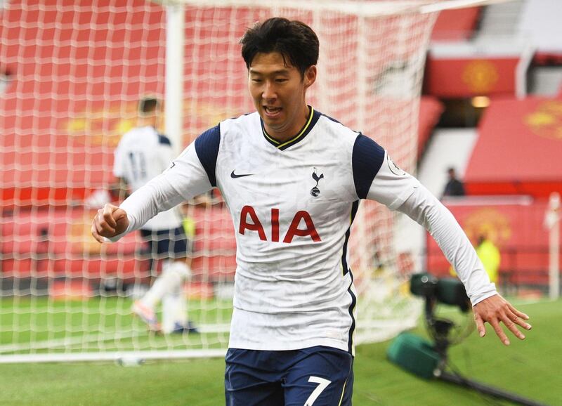Soccer Football - Premier League - Manchester United v Tottenham Hotspur - Old Trafford, Manchester, Britain - October 4, 2020 Tottenham Hotspur's Son Heung-min celebrates scoring their fourth goal Pool via REUTERS/Oli Scarff EDITORIAL USE ONLY. No use with unauthorized audio, video, data, fixture lists, club/league logos or 'live' services. Online in-match use limited to 75 images, no video emulation. No use in betting, games or single club /league/player publications.  Please contact your account representative for further details.