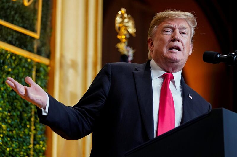 U.S. President Donald Trump speaks at the National Republican Congressional Committee Annual Spring Dinner in Washington, U.S., April 2, 2019.      REUTERS/Joshua Roberts