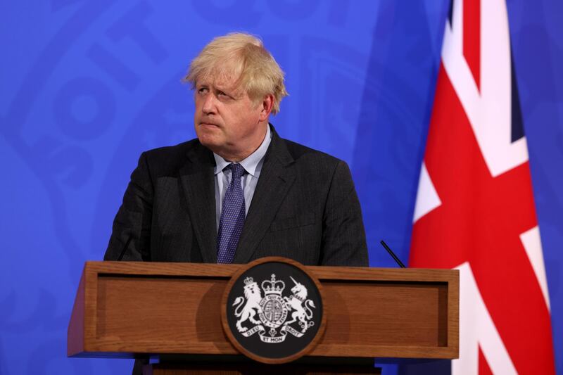 British Prime Minister Boris Johnson holds a press conference in London to address England's latest easing of restrictions. Reuters