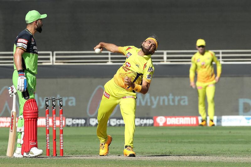 Imran Tahir of Chennai Superkings during match 44 of season 13 of the Dream 11 Indian Premier League (IPL) between the Royal Challengers Bangalore and the Chennai Super Kings held at the Dubai International Cricket Stadium, Dubai in the United Arab Emirates on the 25th October 2020.  Photo by: Ron Gaunt  / Sportzpics for BCCI