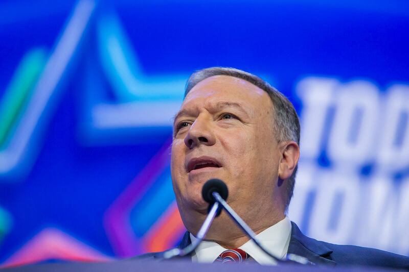 epa08265642 US Secretary of State Mike Pompeo speaks during the American Israel Political Action Committee (AIPAC) Policy Conference at the Walter E. Washington Convention Center in Washington, DC, USA, 02 March 2020. AIPAC is an American pro-Israel lobby group.  EPA/ERIK S. LESSER