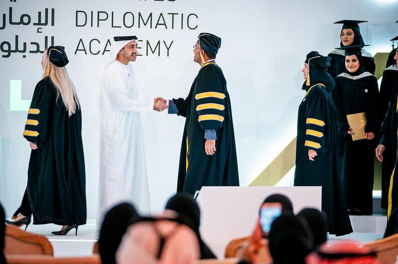 ABU DHABI, 19th October, 2018 (WAM) -- H.H. Sheikh Abdullah bin Zayed Al Nahyan, Minister of Foreign Affairs and International Cooperation and Chairman of the Board of Trustees of the Emirates Diplomatic Academy, EDA, attended the academy���s graduation ceremony, held at the Ministry of Foreign Affairs and International Cooperation, MoFAIC. MOFAIC / Wam