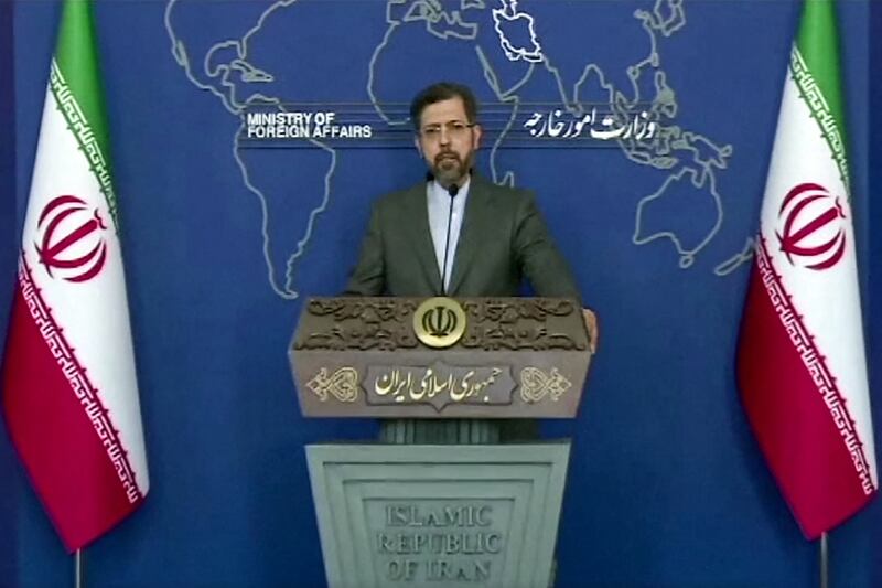 Iranian Foreign Ministry spokesman Saeed Khatibzadeh briefing reporters in Tehran on Tuesday over the IAEA's findings. AFP