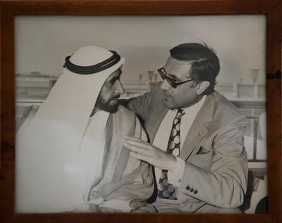 ABU DHABI - UNITED ARAB EMIRATES - 06NOV2015 - Adnan Pachachi, 92 years old is one of the oldest Iraqi statesmen around is seen with late Sheikh Zayed in his photograph collections (to go with Rym story for News)
ID: 51234 *** Local Caption ***  RK0611-historyproject17.jpg