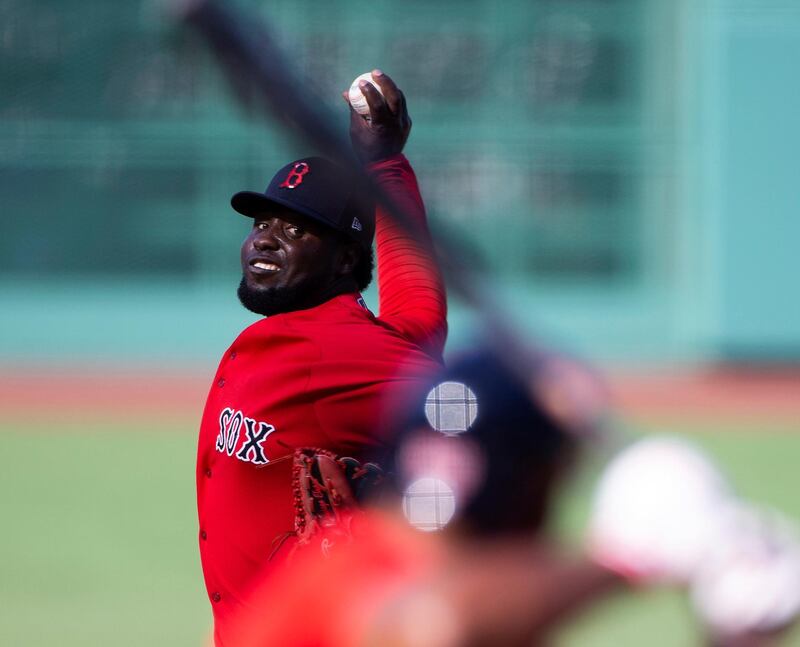 Boston Red Sox pitcher Domingo Tapia pitches during an intra-squad game at Fenway Park in Boston.  EPA