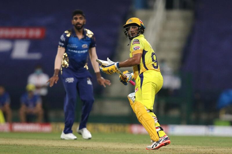 Ambati Rayudu of the Chennai Superkings  plays a shot during match 1 of season 13 of the Dream 11 Indian Premier League (IPL) between the Mumbai Indians and the Chennai Superkings held at the Sheikh Zayed Stadium, Abu Dhabi  in the United Arab Emirates on the 19th September 2020.  Photo by: Pankaj Nangia /  Sportzpics for BCCI