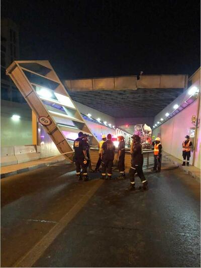 The tunnel's metal frame was damaged in the accident. Courtesy: Dubai Police
