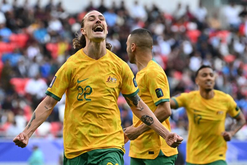 Jackson Irvine celebrates after scoring Australia's  first goal in their 2-0 Asian Cup over India at the Ahmad bin Ali Stadium in Al Rayyan, west of Doha on January 13, 2024. AFP