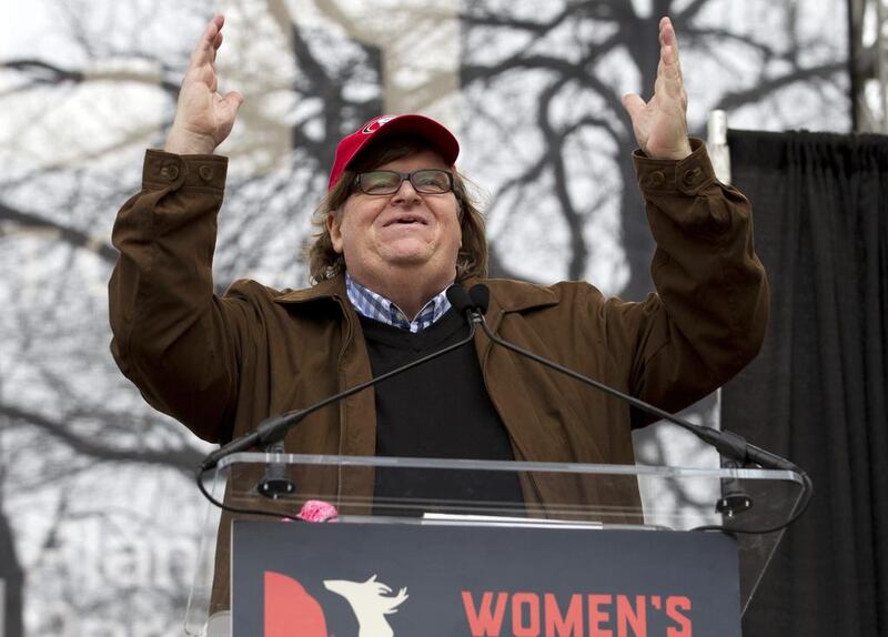 Film director Michael Moore speaks to the crowd during the women’s march rally in Washington. Jose Luis Magana / AP photo