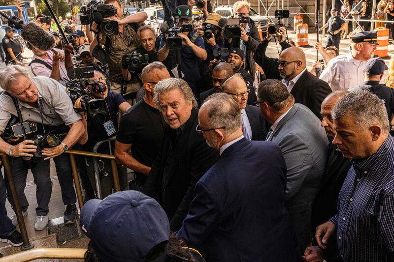 Mr Bannon, who was closely involved in Mr Trump's rise to the US presidency, arrives at the courthouse. AFP