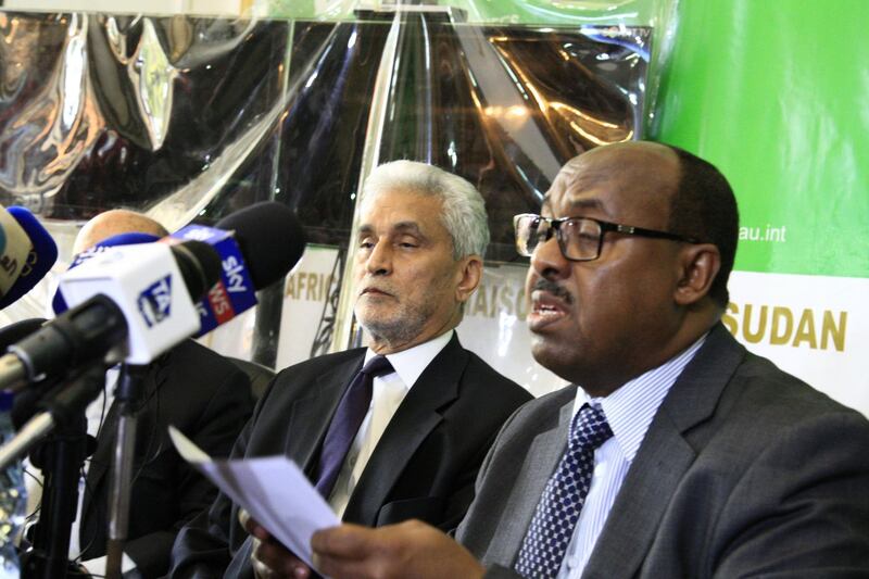 African Union mediator Mohamed El Hacen Lebatt (L) and Ethiopian mediator Mahmoud Drir give a press conference at the African Union offices in Khartoum on July 31, 2019. Lebatt and Drir denounced the killings of six protesters including five pupils in Al-Obeid. / AFP / Ebrahim HAMID
