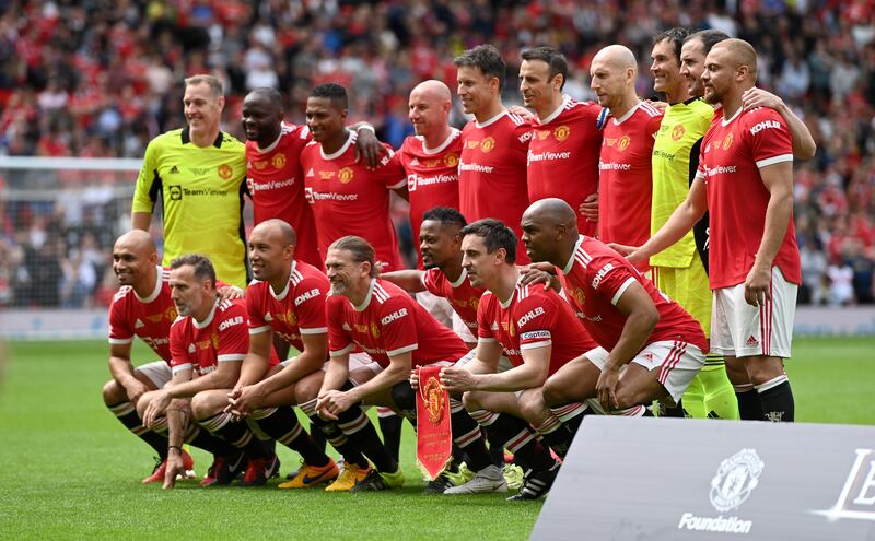 The Manchester United team pose ahead of the Legends of the North match. Getty