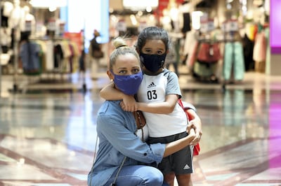 Dubai, United Arab Emirates - Reporter: Kelly Clarke. Coronavirus/Covid-19. Karla Sati with mum Dorsai Khaghani. Parents rush to buy PPE for children in time for back-to-school. Sunday, August 23rd, 2020. Dubai. Chris Whiteoak / The National