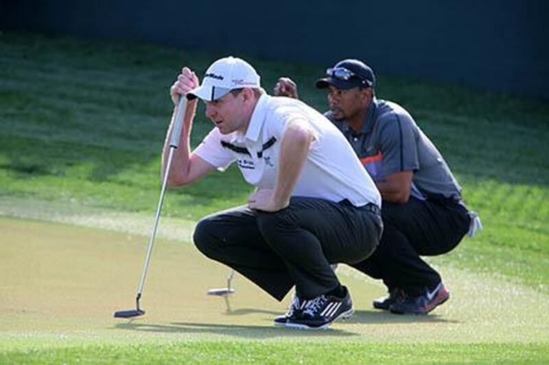 Stephen Gallacher, left, finished with a 6-under-par 66 on Thursday. is Pawan Singh / The National