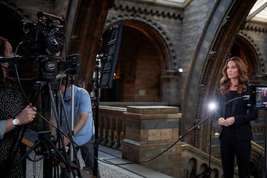 Britain's Kate, the Duchess of Cambridge films in the Hintze Hall at the Natural History Museum in London, ahead of the virtual awards ceremony for the Wildlife Photographer of the Year on Tuesday, October 13, 2020. AP