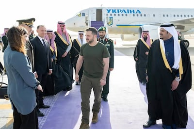Ukrainian President Volodymyr Zelenskyy arrives at King Khalid International Airport in Riyadh on Tuesday. AP