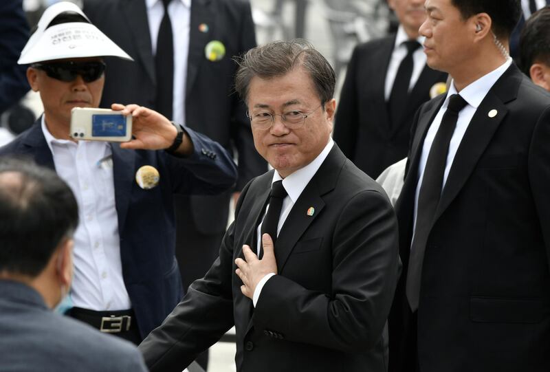South Korean President Moon Jae-in at a ceremony marking the 40th anniversary of the pro-democracy Gwangju Uprising in Gwangju, May 18. Jung Yeon-je/ Reuters