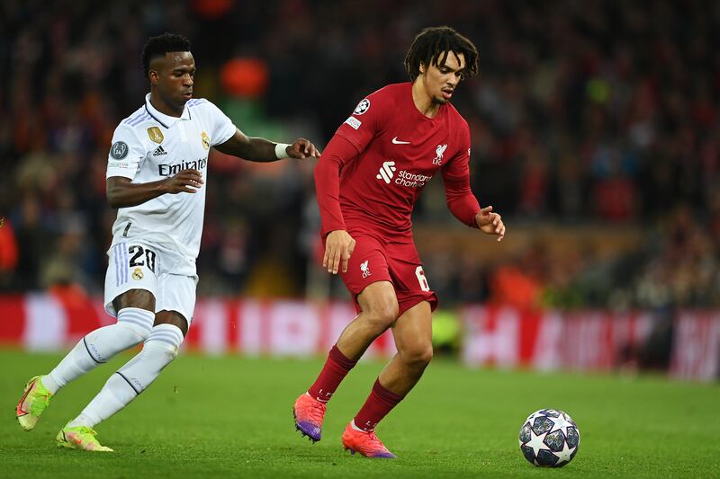 Trent Alexander-Arnold 6: Impressive passing display in first-half as right-back picked out teammates at will down right flank. Curled free-kick straight at keeper just before break. Like rest of Liverpool defence, found Vinicius a handful – to say the least. Getty