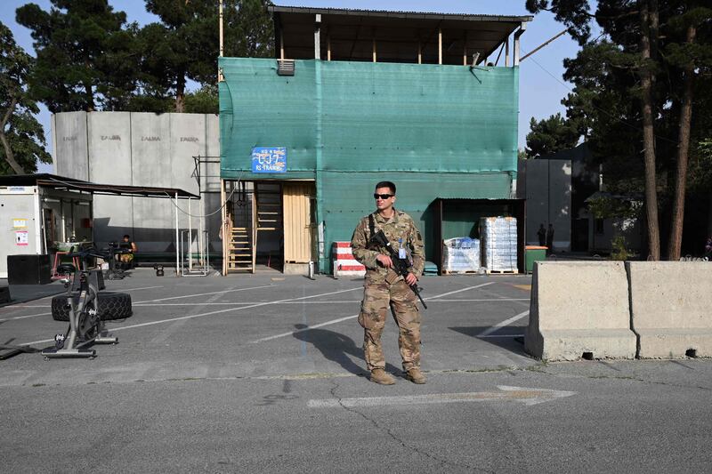 A US soldier stands guard after an official handover ceremony at the Resolute Support headquarters in the Green Zone in Kabul. AFP