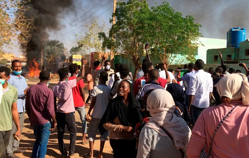 Anti-government protesters rally in Khartoum, Sudan, Sunday, Jan. 13, 2019. Hundreds of protesters are marching again in and around Sudan's capitol Khartoum, the fourth week of unrest that began over the rising price of bread and a failing economy but which now calls for the ouster of autocratic President Omar al-Bashir. (AP Photo)