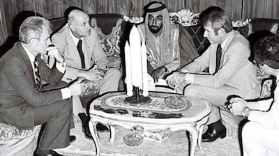 The UAE's Founding Father Sheikh Zayed meets with three American astronauts in February 1976.  
