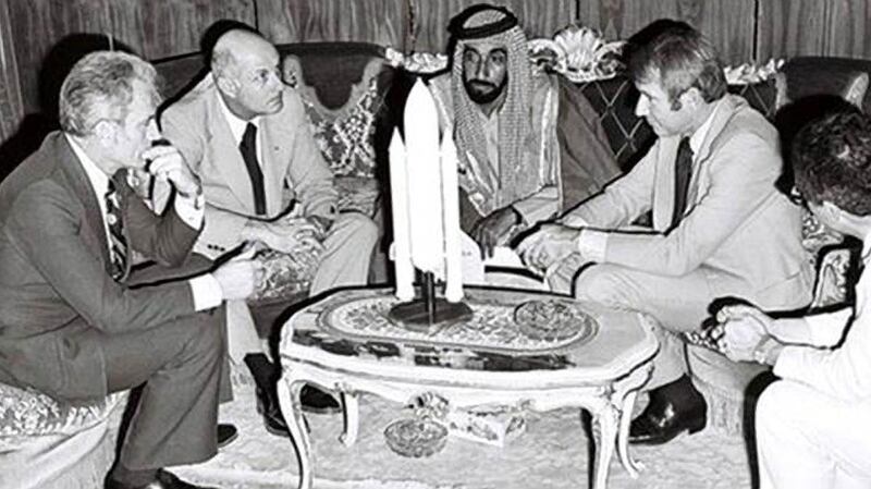 The UAE's Founding Father Sheikh Zayed meets with three American astronauts in February 1976.  