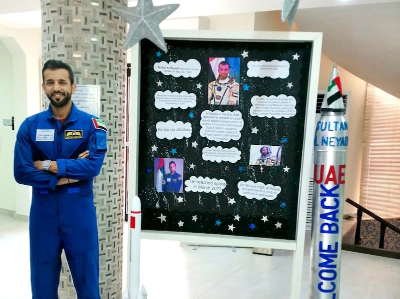 Al Sanawbar School is celebrating Sultan Al Neyadi's space mission by decorating the building with posters and pupils' artwork. Al Sanawbar School