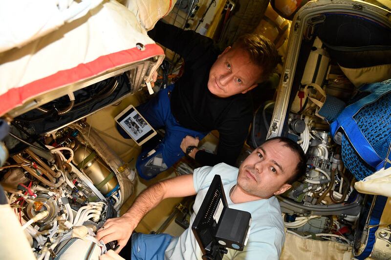 Mr Prokopyev and Mr Petelin aboard the International Space Station's Poisk module on December 9, 2022. Photo: Nasa