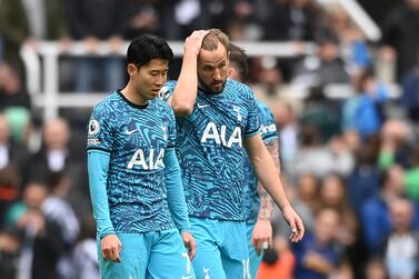 NEWCASTLE UPON TYNE, ENGLAND - APRIL 23: Son Heung-Min and Harry Kane of Tottenham Hotspur react after Newcastle United scored their sides fourth goal during the Premier League match between Newcastle United and Tottenham Hotspur at St. James Park on April 23, 2023 in Newcastle upon Tyne, England. (Photo by Stu Forster / Getty Images)