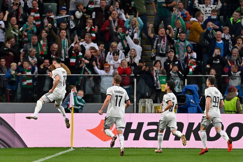 Mahir Emreli of home team Legia Warsaw celebrates after scoring the only goal in their Europa League match against Leicester City on Thursday. Photo: Getty