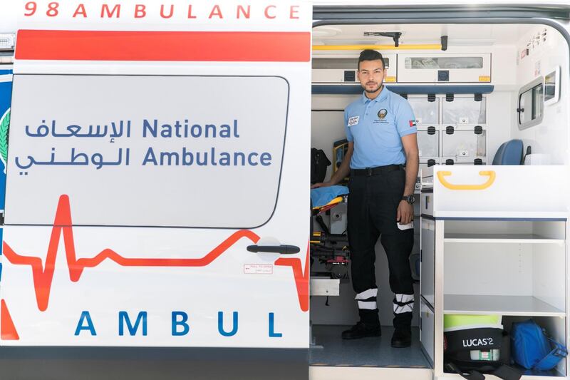 RAS AL KHAIMAH, UNITED ARAB EMIRATES - MAY 29, 2018. 
Mohammed Alshdaifat, Lead EMT respondant, in an ambulance,  outside Al Rifaa Civil Defence in Ras Al Khaimah.

(Photo by Reem Mohammed/The National)

Reporter: Nawal Al Ramahi
Section: NA
