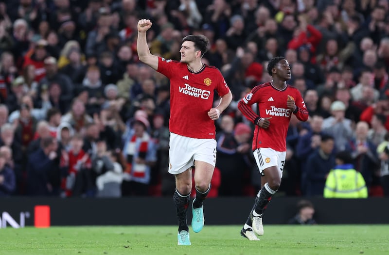 Harry Maguire celebrates scoring Manchester United's first goal. Getty Images