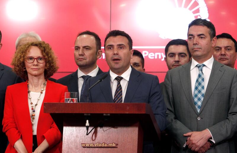 CORRECTS TO NORTH MACEDONIA, NOT NORTHERN - Macedonian Prime Minister Zoran Zeav talks to the media during a news conference in the Government building in Skopje, Macedonia, Tuesday, June 12, 2018. The prime ministers of Greece and Macedonia say they have agreed on "Republic of North Macedonia" as the new name for the Balkan country, ending a bitter 27-year dispute that had prevented the former Yugoslav republic from joining international institutions such as NATO.  (AP Photo/Boris Grdanoski)