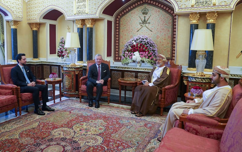 King Abdullah and Sultan Haitham at Muscat's Al Alam Palace in the presence of Crown Prince Hussein. @RHCJO via Twitter