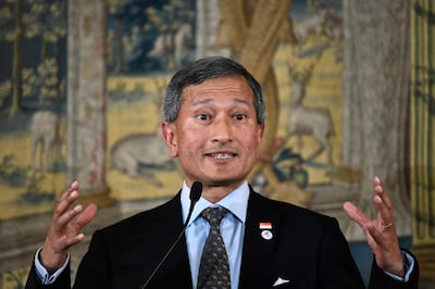 Singapore's Foreign Minister Vivian Balakrishnan gives a press conference after the 14th ASEM Foreign Ministers’ Meeting at the Royal Palace of El Pardo near Madrid on December 16, 2019.
  / AFP / OSCAR DEL POZO
