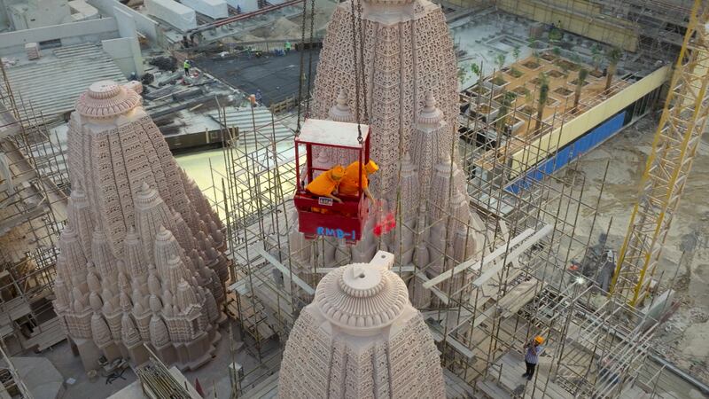 Construction work of the Hindu temple continues in Abu Dhabi. It will open in February next year. Photo: BAPS Hindu Mandir